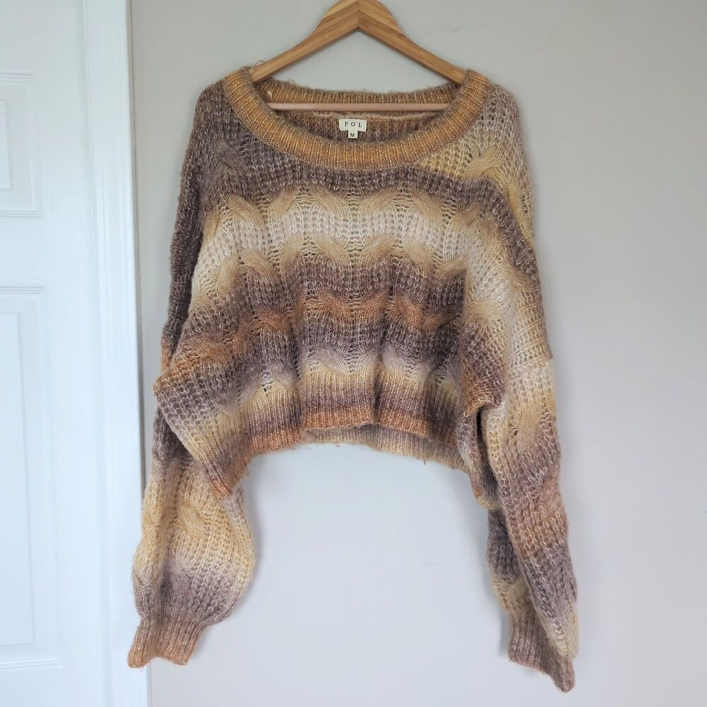 POL Tan Brown Open Knit Cable Bubble Sleeve Sweater Size Medium Cozy Oversized